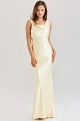 Buttermilk Satin Draped Cowl Neck Maxi Dress
