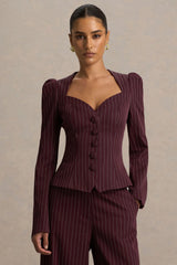 Lana | Burgundy Pinstripe Woven Sweetheart-Neck Tailored Top