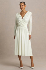 Alexis | Cream Plunge-Neck Midi Dress With Draped And Ruched Detailing