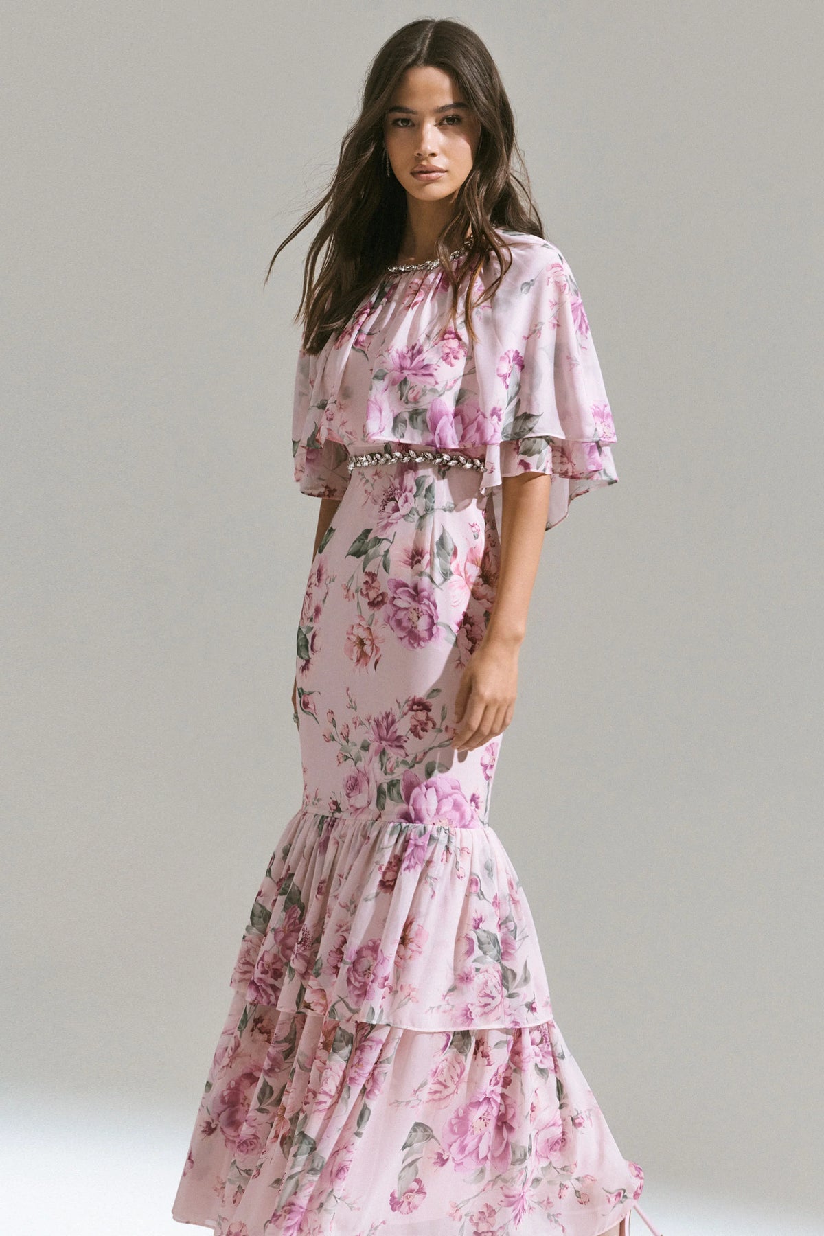 Never Let Go | Pink Floral Print Chiffon Maxi Dress With Tiered Hem