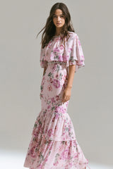 Never Let Go | Pink Floral Print Chiffon Maxi Dress With Tiered Hem