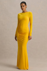 Diva | Yellow Slashed-Neck Maxi Dress With Ruched Detailing