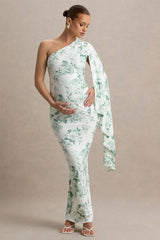 Aliana | Green Porcelain Print Asymmetric Maternity Maxi Dress With Ruched Detailing