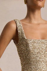Lima | Champagne Sequin Square-Neck A-Line Midi Dress