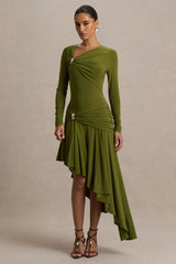 Alexia | Green Asymmetric-Neck Maxi Dress With Embellishment And Ruched Detailing