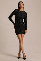 Mercedes | Black Sequin Boat-Neck Mini Dress With Long-Sleeves And Draped Detailing