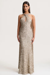 Renelle | Gold Sequin Halter-Neck Maxi Dress