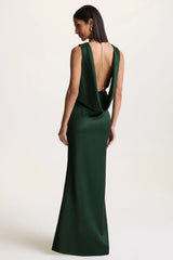 Stacey | Dark Green Slashed-Neck Maxi Dress With Open-Back And Embellished Detail