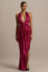 Lynette | Burgundy Satin Plunge-Neck Asymmetric Maxi Dress