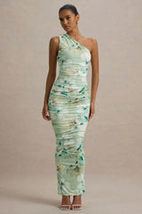 Dalarie | Green Floral Print One-Shoulder Gathered Maxi Dress