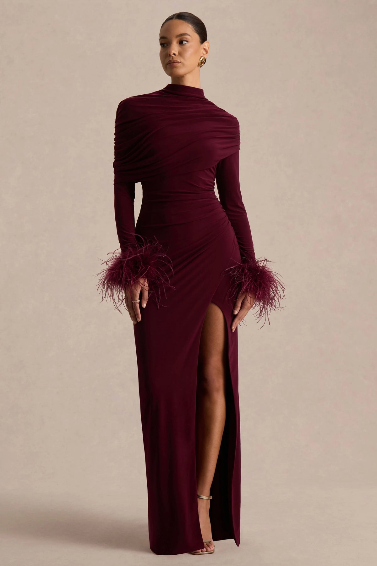 Gatsby | Burgundy High-Neck Maxi Dress With Feather Trim Cuffs