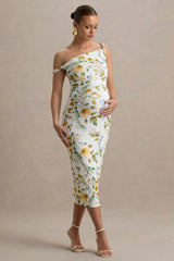 Salome | White Botanical Floral Print Twisted Asymmetric Maternity Midi Dress