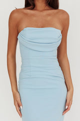 Well Versed Strapless Pleat Bust Maxi Dress Blue