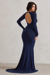 One Step Ahead | Navy Long Sleeve Backless Fishtail Maxi Dress