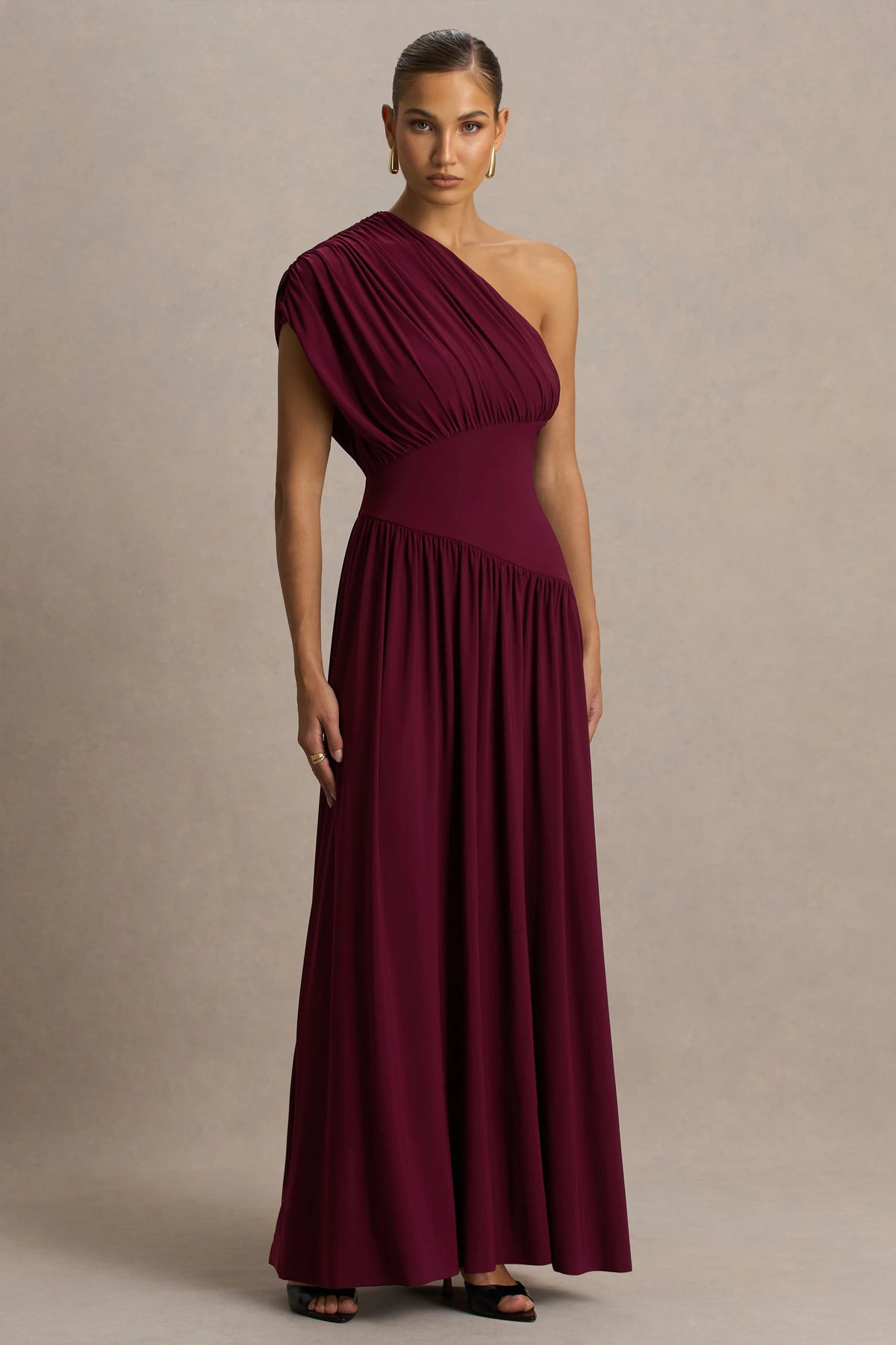 Kelsey | Burgundy Asymmetric-Neck Maxi Dress With Ruched Detailing
