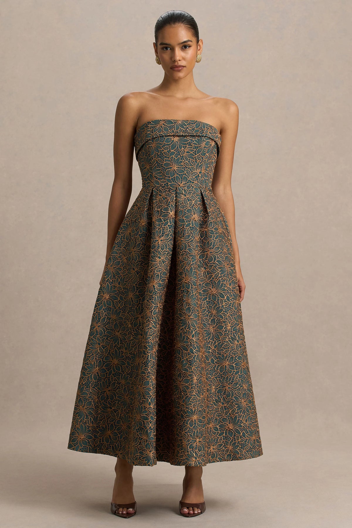 Loretta | Dark Green And Rust Embroidered Bandeau-Neck Midi Dress