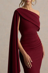 Leah | Burgundy Asymmetric-Neck Midi Dress With Cape-Sleeve And Draped Detailing