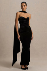 Paloma | Black Velvet Bandeau-Neck Maxi Dress With Scarf