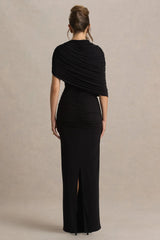 Glitz | Black High-Neck Maxi Dress With Cape Sleeve and Ruched Detail