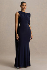 Tiana | Navy Asymmetric-Neck Maxi Dress With Drape-Detail