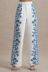 Zelie | Blue Porcelain Print Wide-Leg Trousers