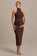 Mireille | Brown Halter-Neck Maternity Midi Dress