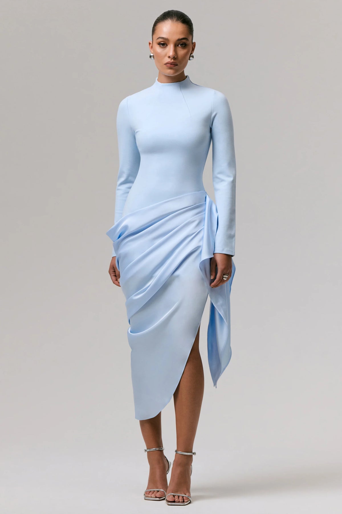 Raffie | Powder Blue Long-Sleeve Midi Dress With Satin Wrap Skirt