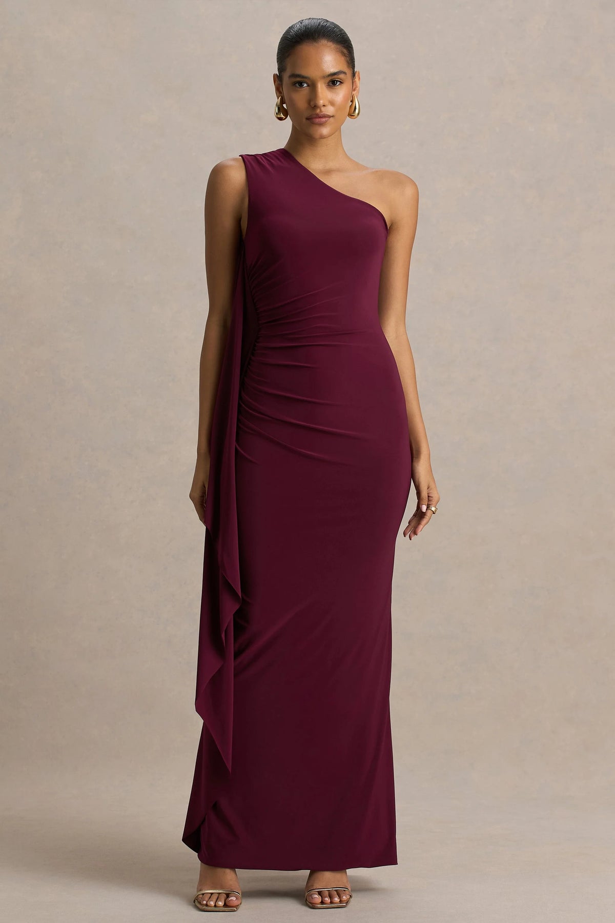 Adelina | Burgundy One-Shoulder Maxi Dress With Drape