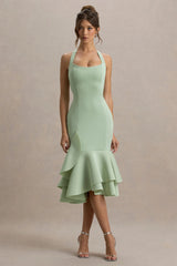 Arla | Light Green Halter Neck Ruffle Trim Midi Dress