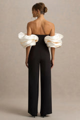 Panama | Black Bardot Jumpsuit With Cream Puff Sleeves