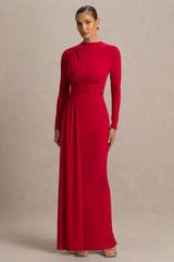 Virelle | Red Boat-Neck Maxi Dress With Drop-Waist