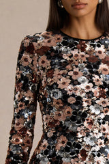 Adaline | Black Sequin Floral Velvet Long-Sleeved Mini Dress