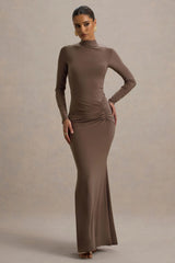 Reid | Brown Long-Sleeve Gathered Maxi Dress