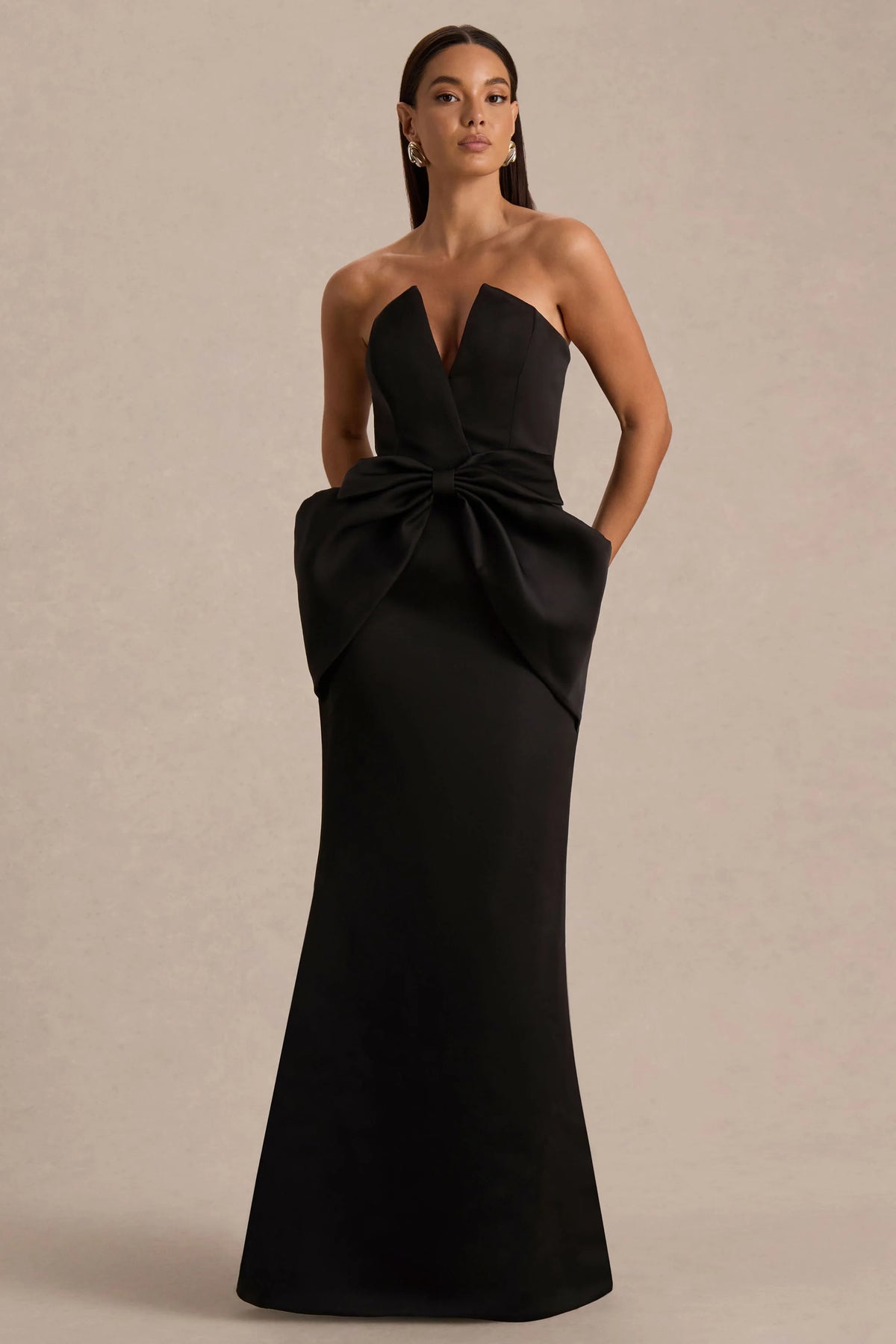 Sonata | Black Satin Bandeau Maxi Dress With Bow Detail