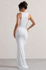 Escala | White Embellished Racer-Neck Maxi Dress