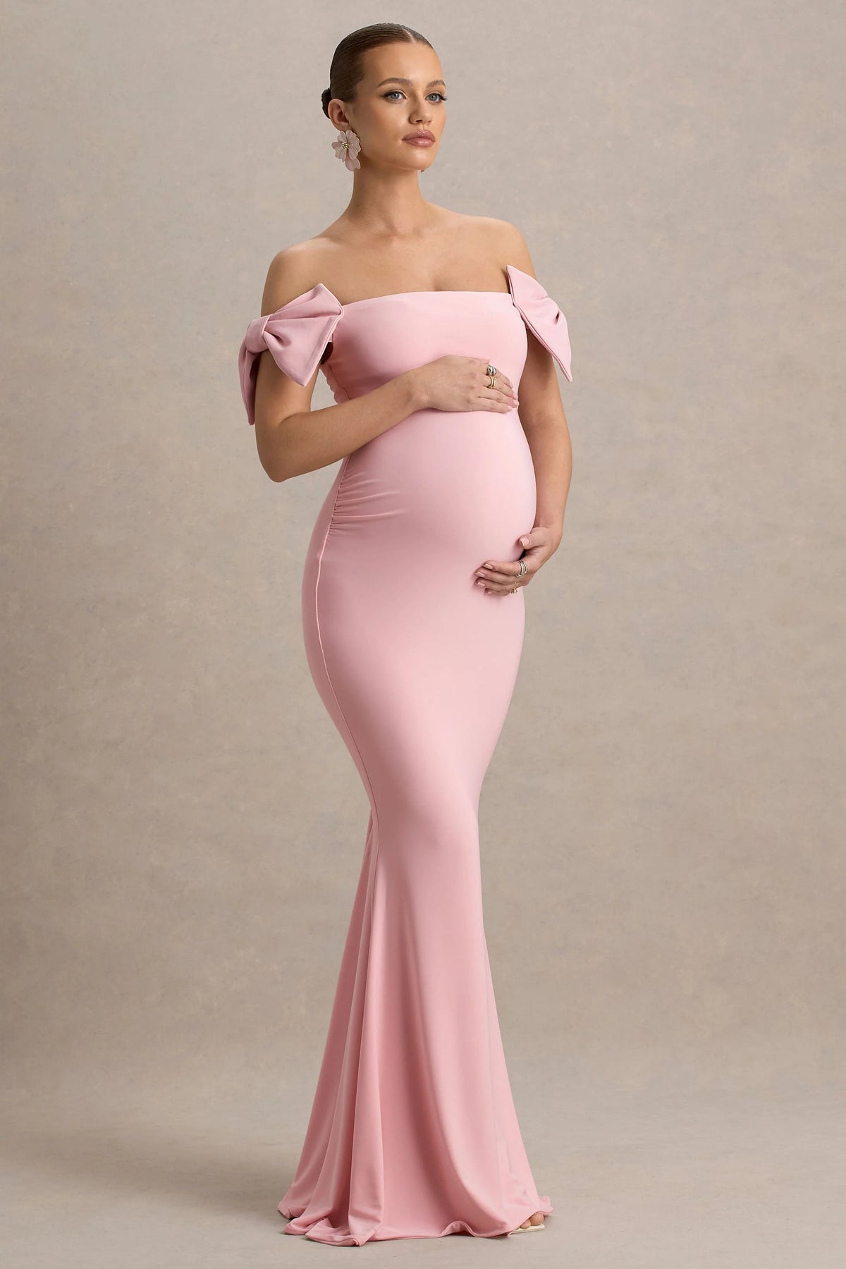 Didi | Pink Bardot Bow Detail Maternity Maxi Dress