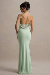 Francoise | Light Green Cowl Neck Backless Maxi Dress With Lace Insert