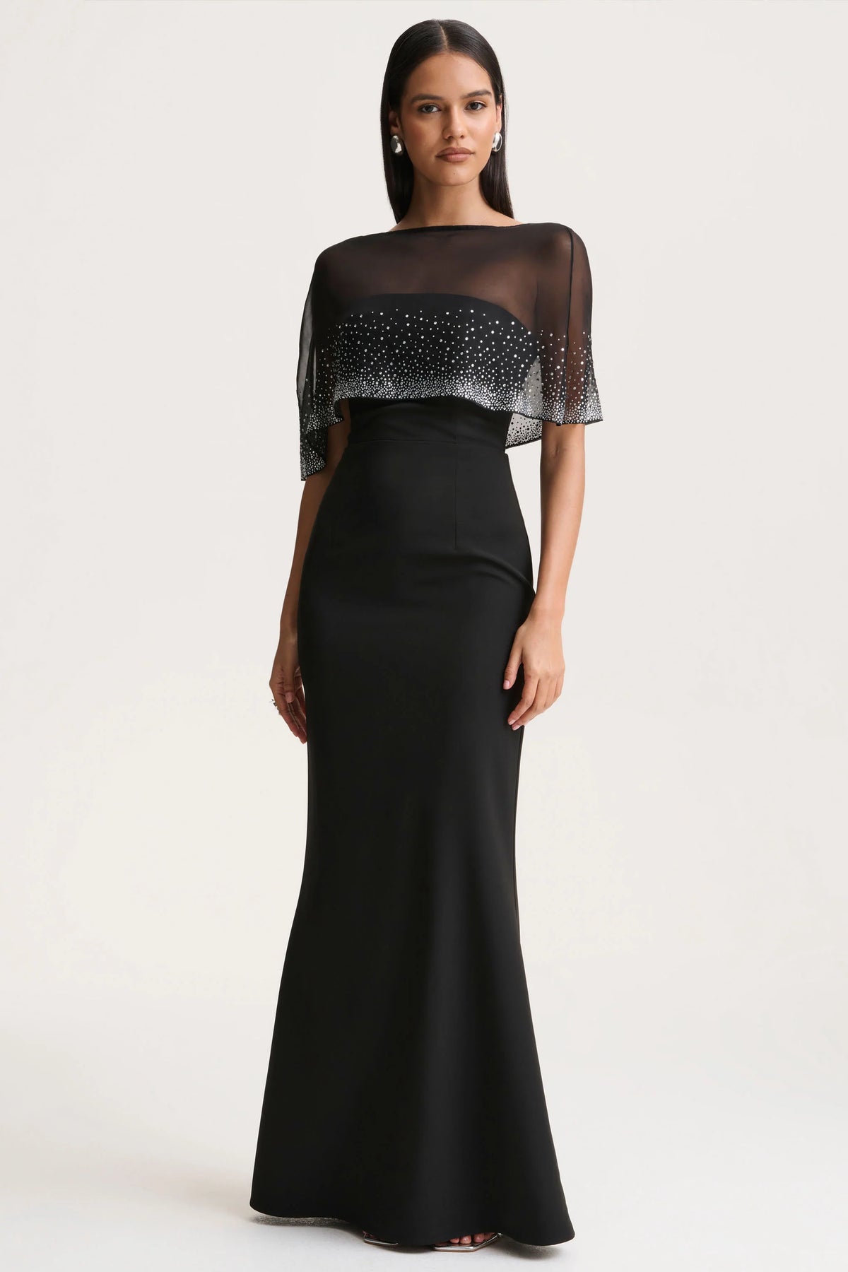 Everly | Black Hand-Embellished Cape-Sleeve Maxi Dress