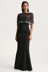 Everly | Black Hand-Embellished Cape-Sleeve Maxi Dress