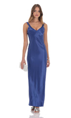 Satin Open Back Maxi Dress in Royal Blue