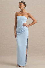 Joseline | Powder Blue Satin Corset Wrap Maxi Dress With Scarf