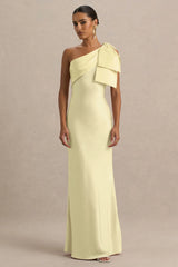 Valerie | Lemon Satin Asymmetric-Neck Maxi Dress With Bow Detail