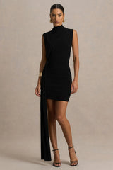 Sorenna | Black High-Neck Mini-Dress With Wrap And Sash Detail