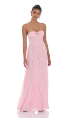 Chiffon Rosette Ruffle Maxi Dress in Pink