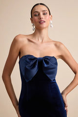 Dramatic Stunner Navy Velvet Bow Strapless Maxi Dress