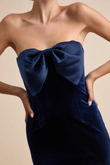 Dramatic Stunner Navy Velvet Bow Strapless Maxi Dress