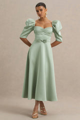 Rosey | Green Satin Sweetheart Midi Dress