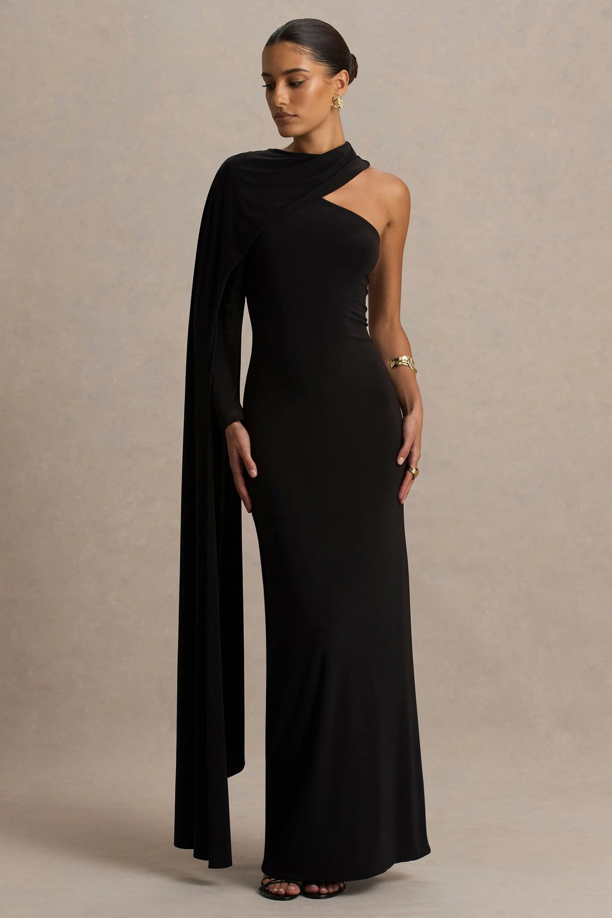 Dawn | Black High-Neck Maxi Dress With One Long-Sleeve And Cape