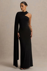 Dawn | Black High-Neck Maxi Dress With One Long-Sleeve And Cape