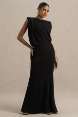 Meave | Black High Neck Maxi Dress With Draping Detail